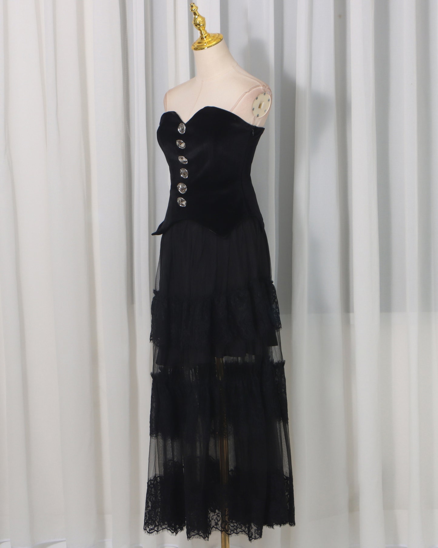 Black Strapless Lace Tiered Maxi Dress