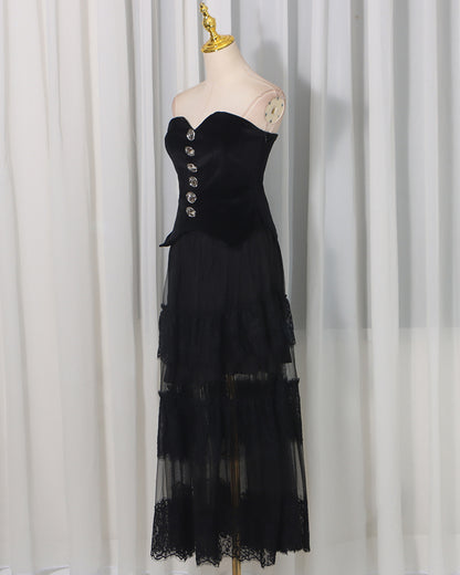 Black Strapless Lace Tiered Maxi Dress