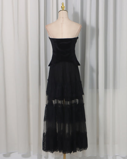 Black Strapless Lace Tiered Maxi Dress