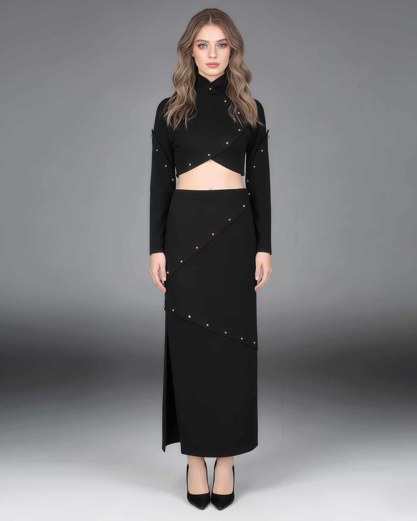 Black Studded Crop Top & Maxi Skirt Two-Piece Set