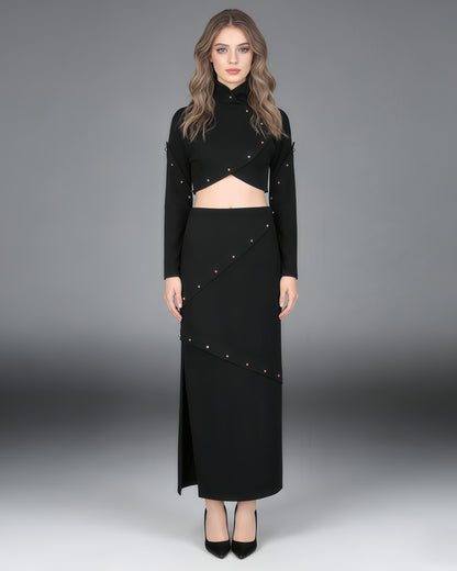 Black Studded Crop Top & Maxi Skirt Two-Piece Set