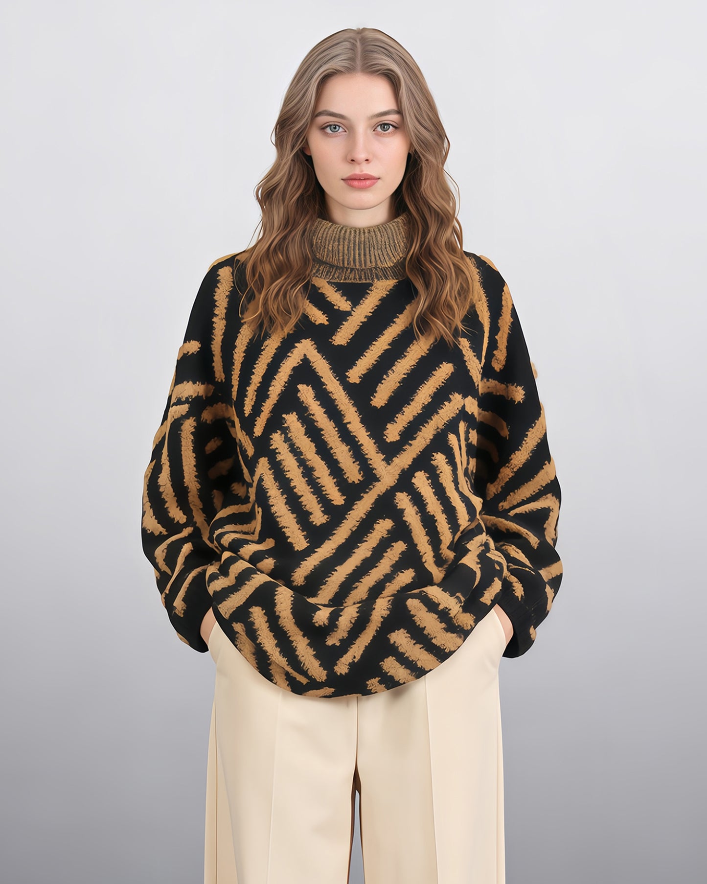 Black & Tan Chevron Fuzzy Turtleneck Sweater
