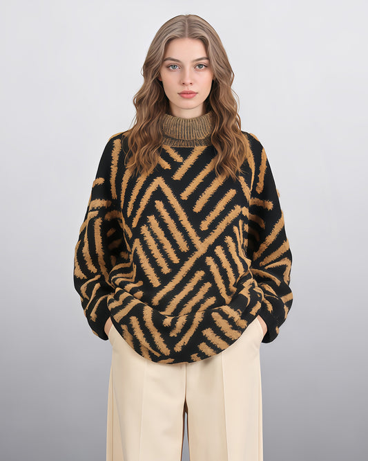 Black & Tan Chevron Fuzzy Turtleneck Sweater