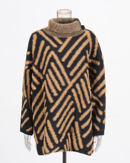 Black & Tan Chevron Fuzzy Turtleneck Sweater