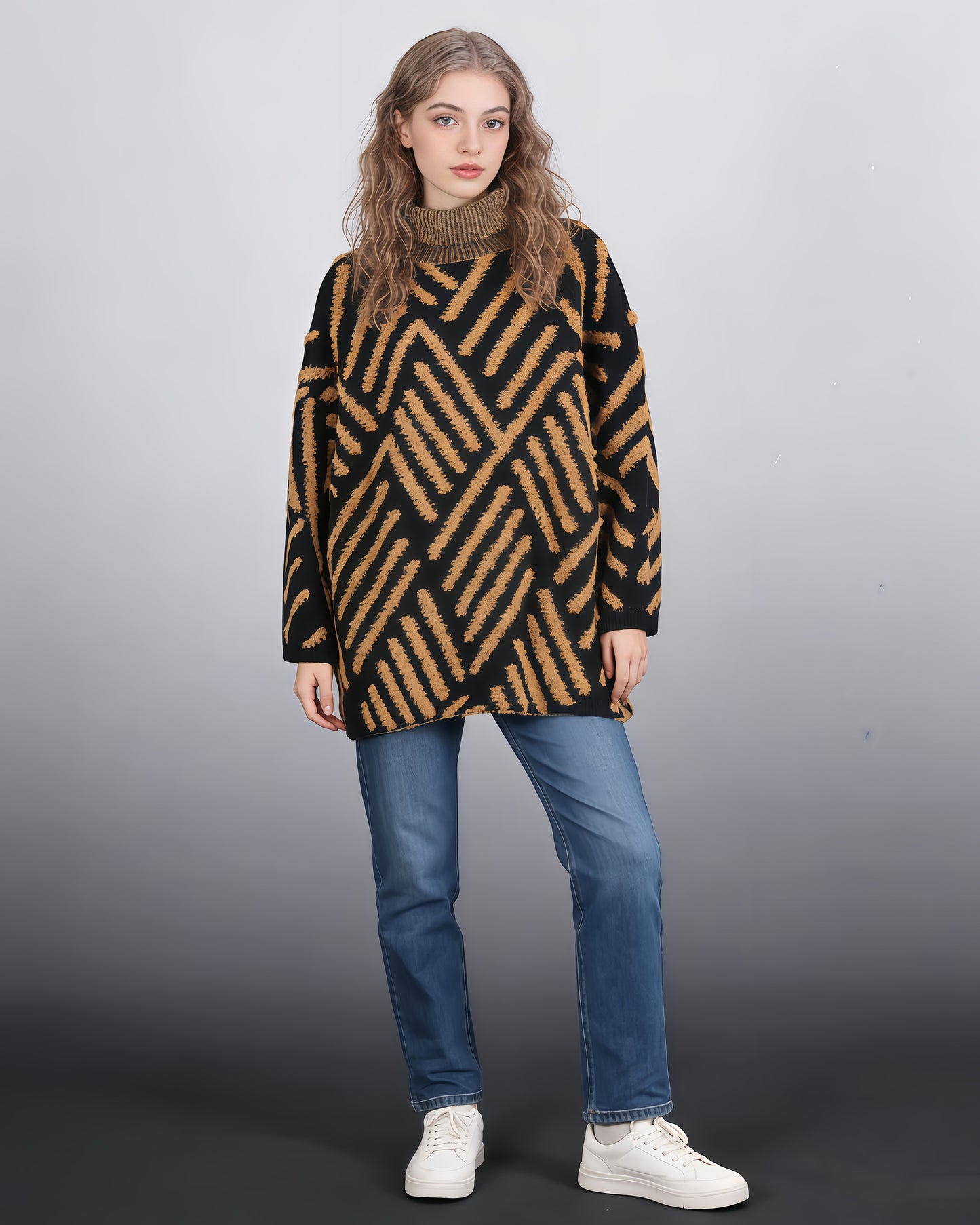 Black & Tan Chevron Fuzzy Turtleneck Sweater
