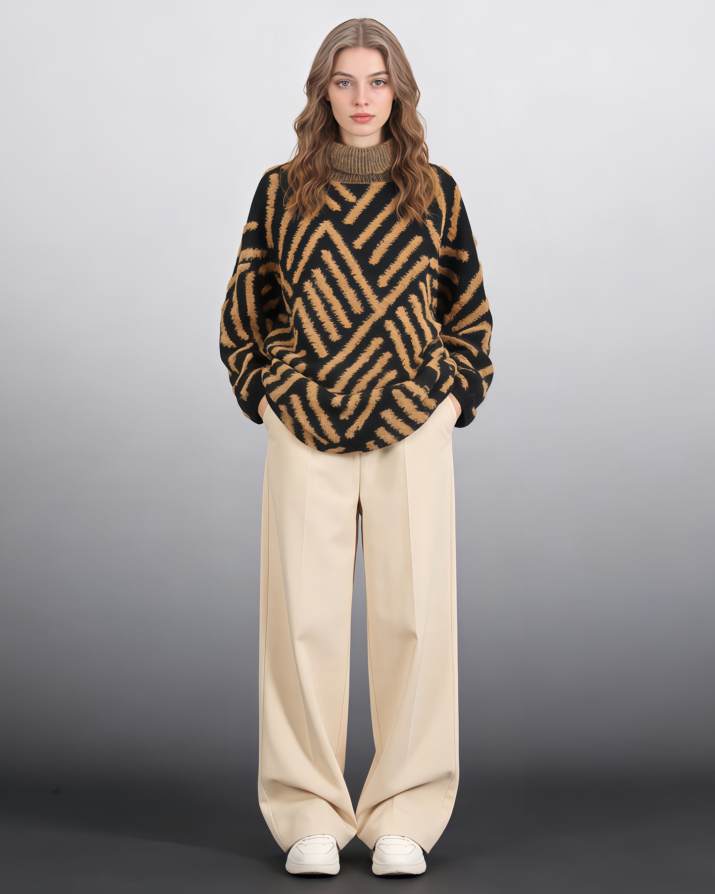 Black & Tan Chevron Fuzzy Turtleneck Sweater