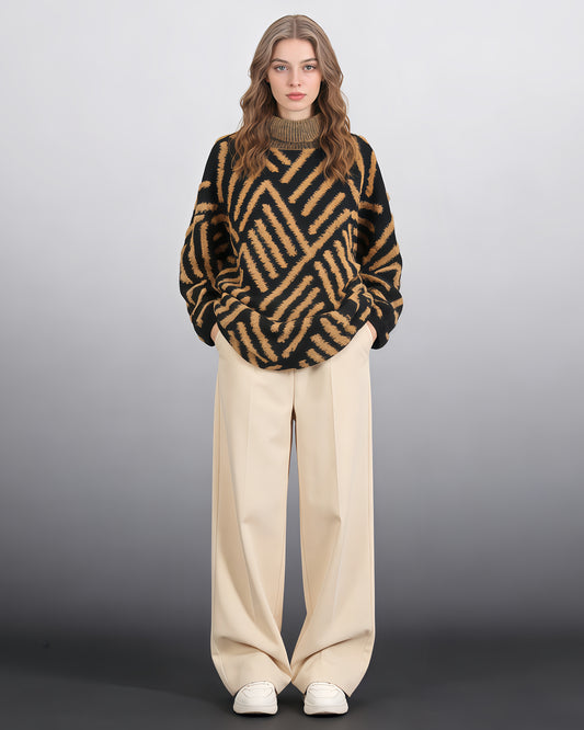 Black & Tan Chevron Fuzzy Turtleneck Sweater