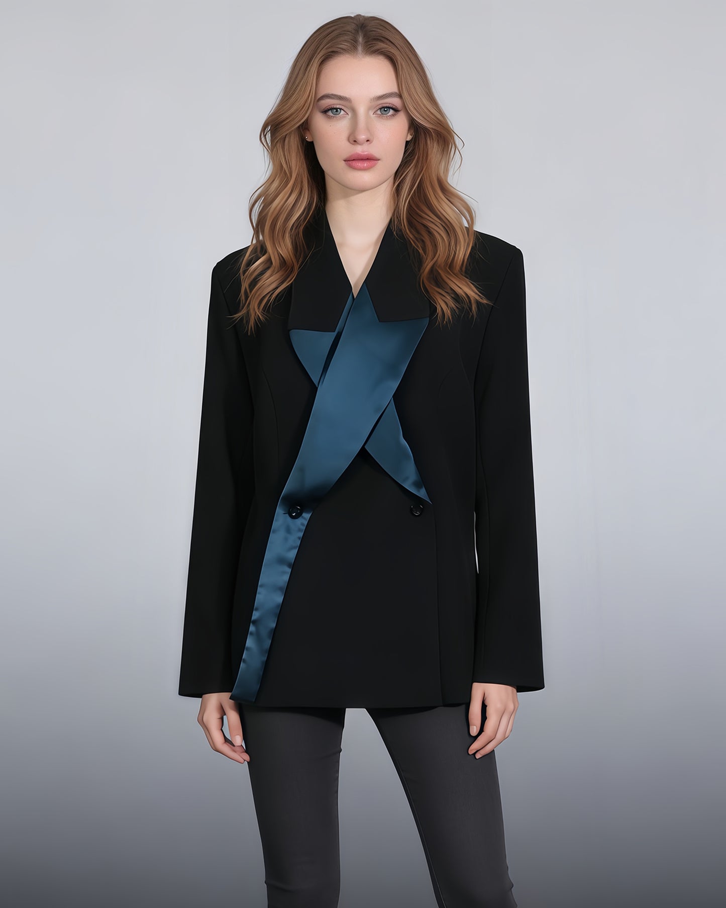 Black & Teal Satin Asymmetric Blazer
