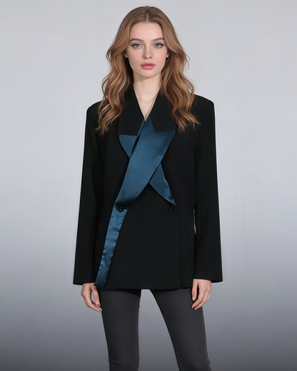 Black & Teal Satin Asymmetric Blazer