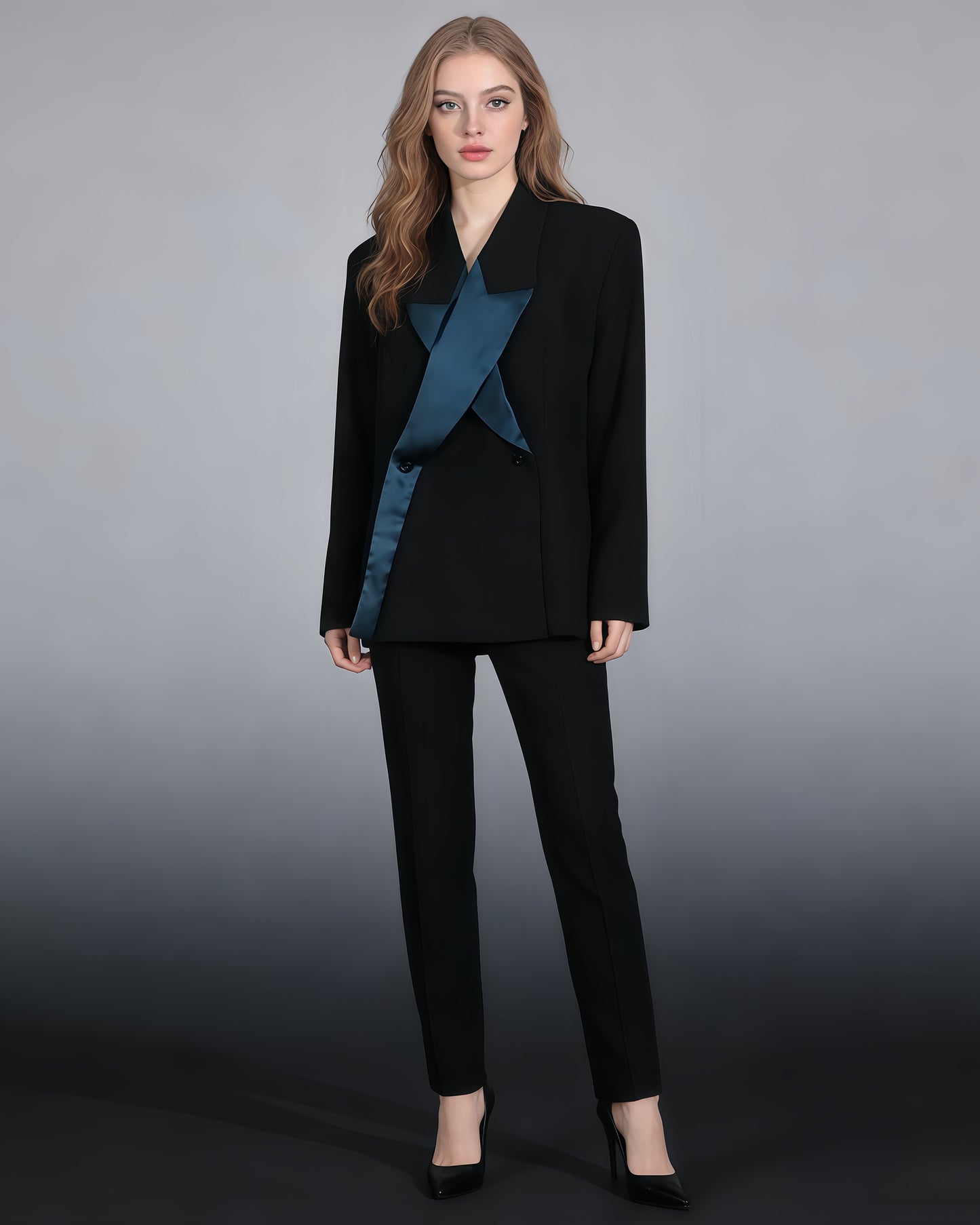 Black & Teal Satin Asymmetric Blazer