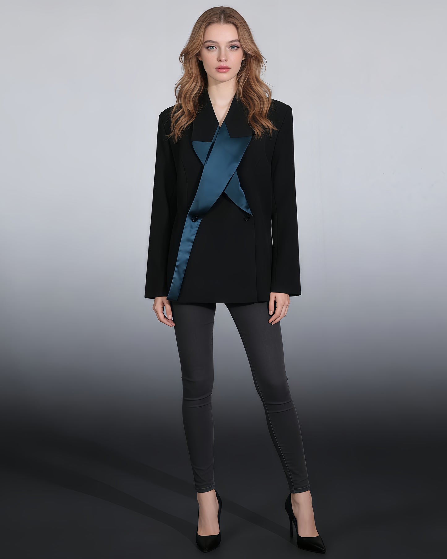 Black & Teal Satin Asymmetric Blazer