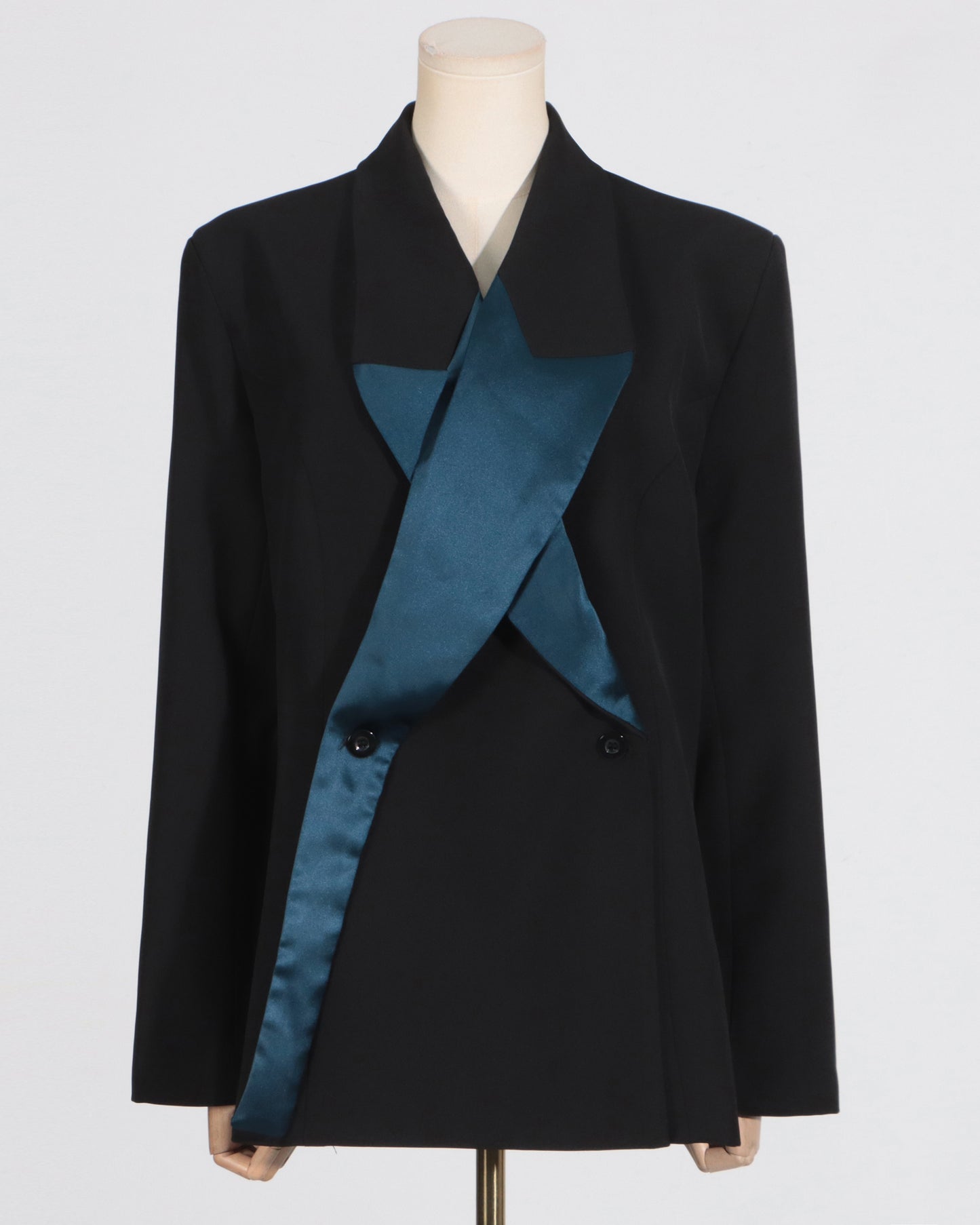 Black & Teal Satin Asymmetric Blazer