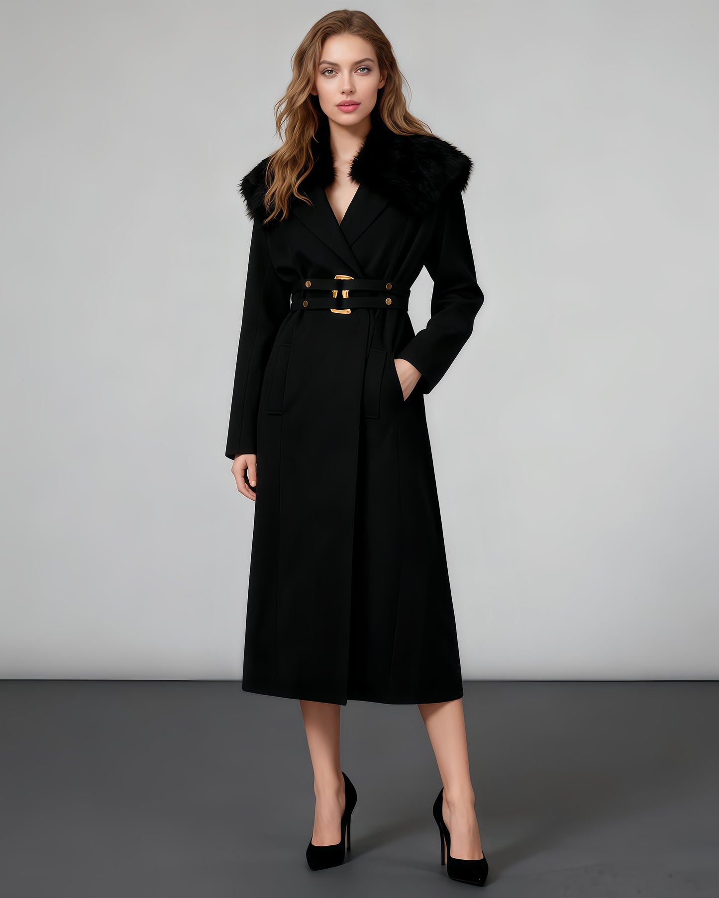 Black Trench Coat with Faux Fur Collar & Buckle Belt