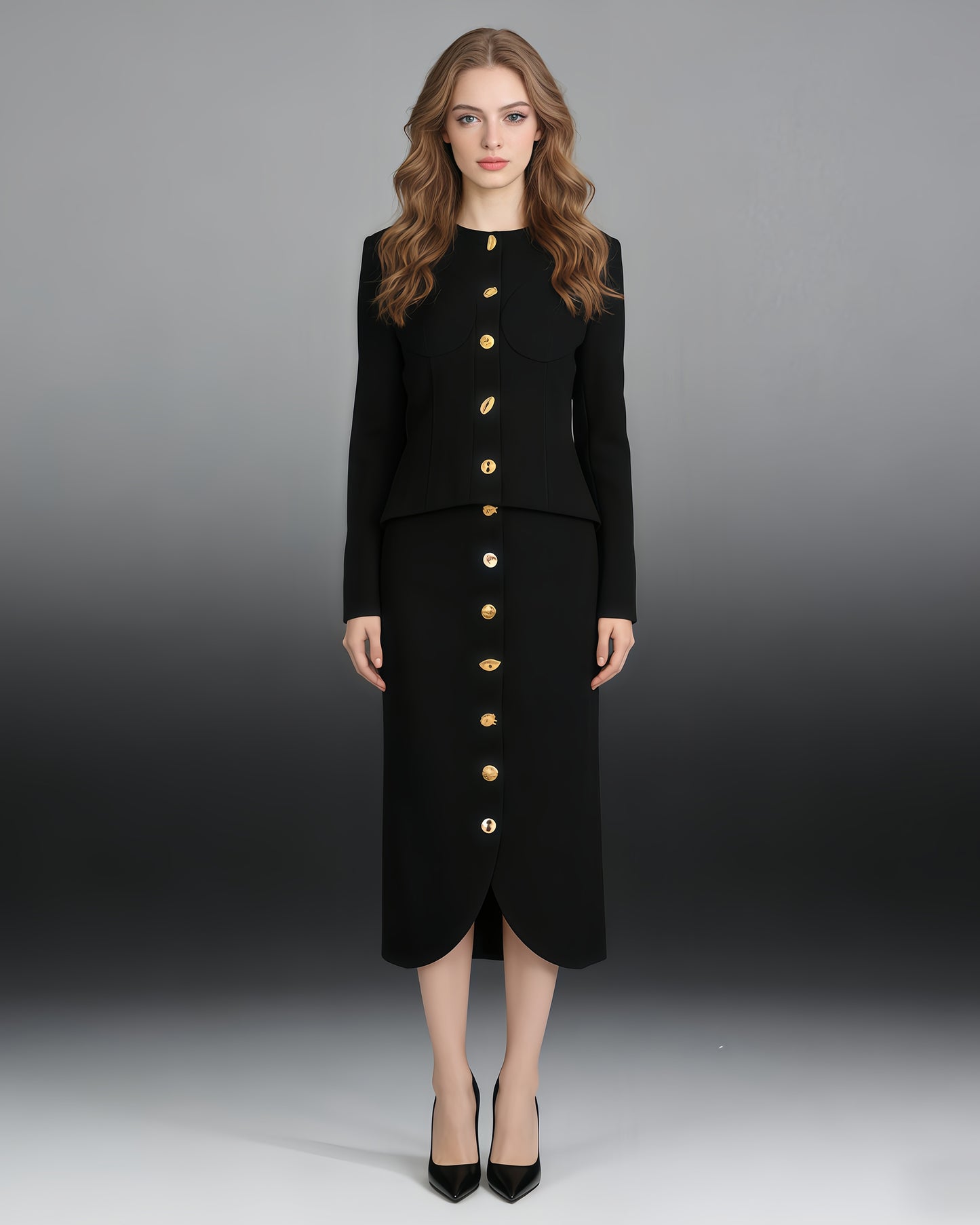 Black Two-Piece Set with Gold Statement Button