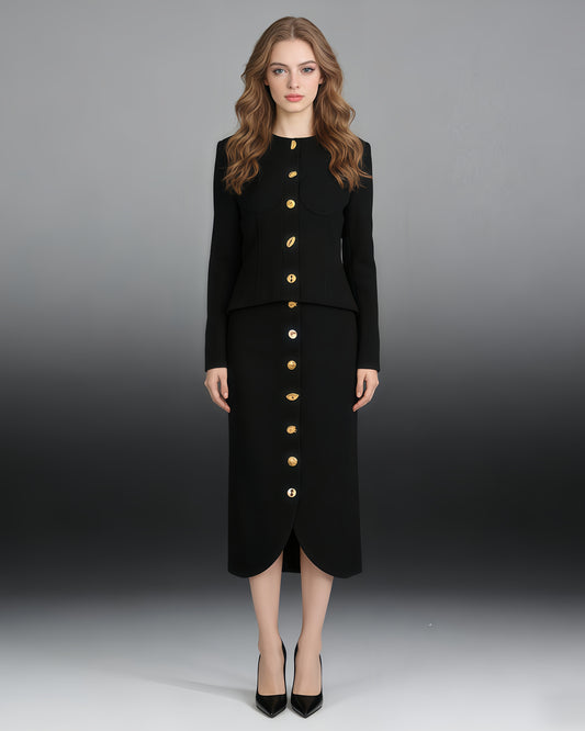 Black Two-Piece Set with Gold Statement Button