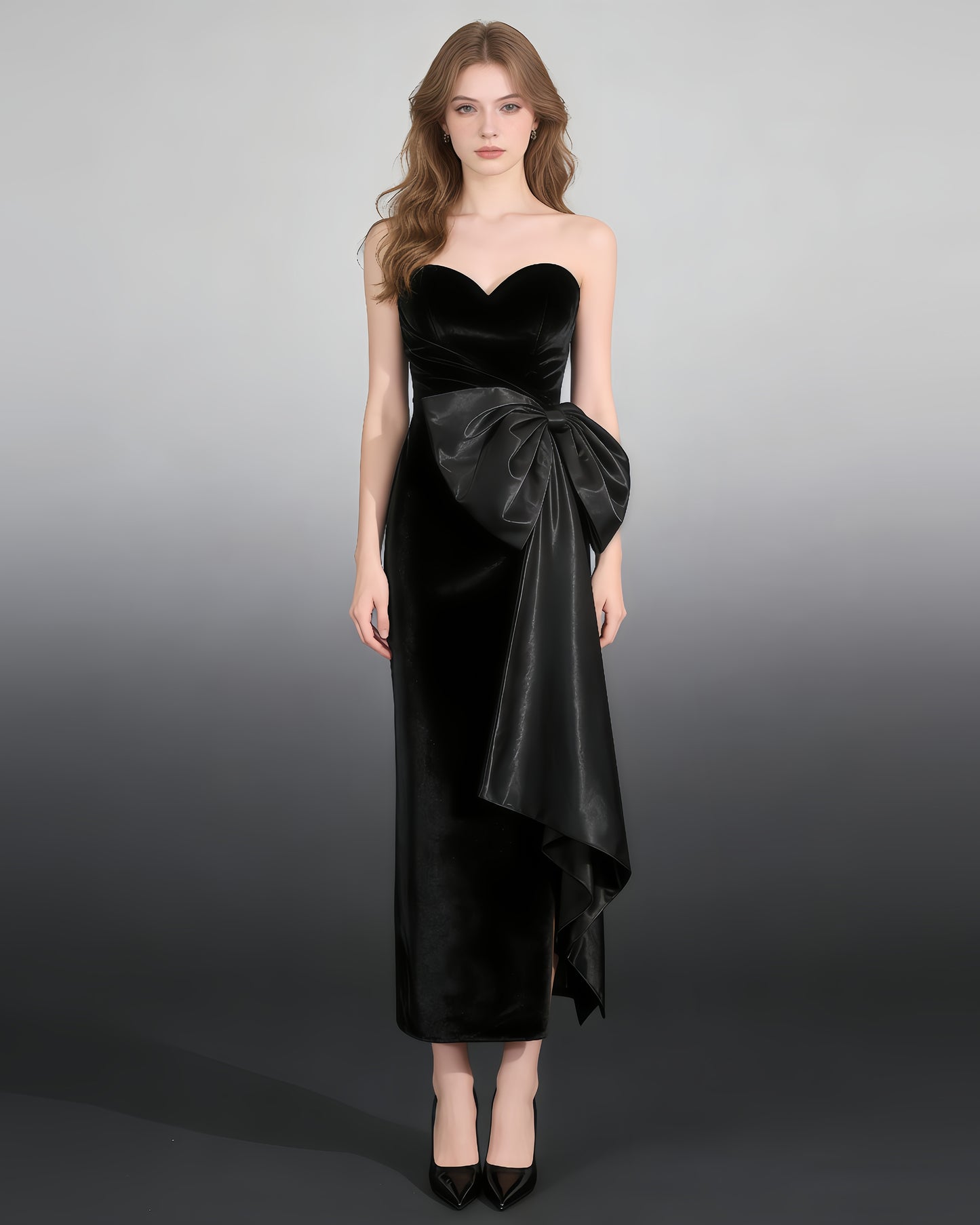 Black Velvet Strapless Midi Dress with Satin Bow