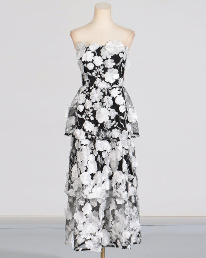 Black & White 3D Floral Strapless Tiered Dress