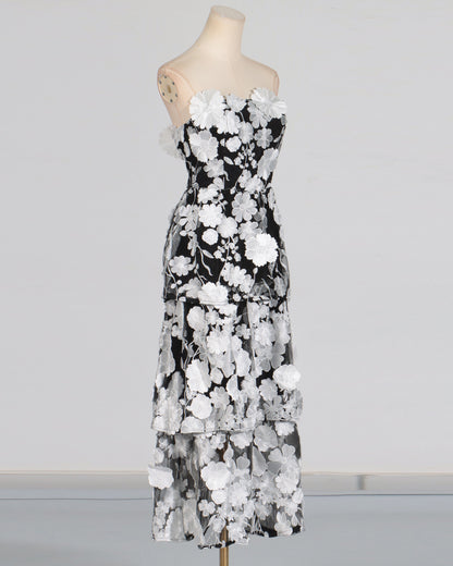 Black & White 3D Floral Strapless Tiered Dress