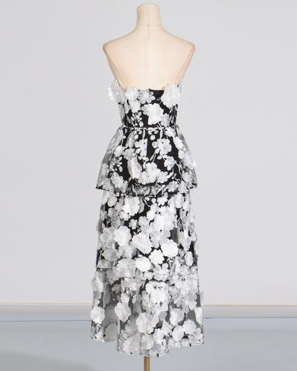 Black & White 3D Floral Strapless Tiered Dress