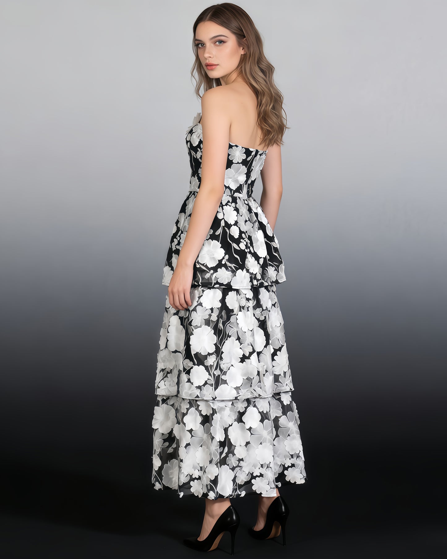 Black & White 3D Floral Strapless Tiered Dress