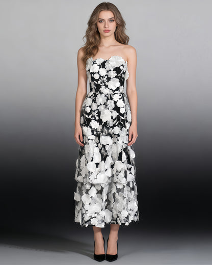 Black & White 3D Floral Strapless Tiered Dress