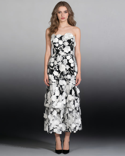 Black & White 3D Floral Strapless Tiered Dress