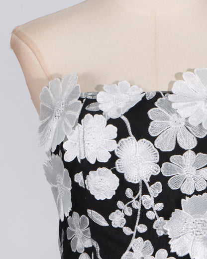 Black & White 3D Floral Strapless Tiered Dress