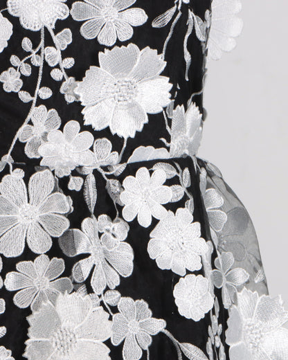 Black & White 3D Floral Strapless Tiered Dress