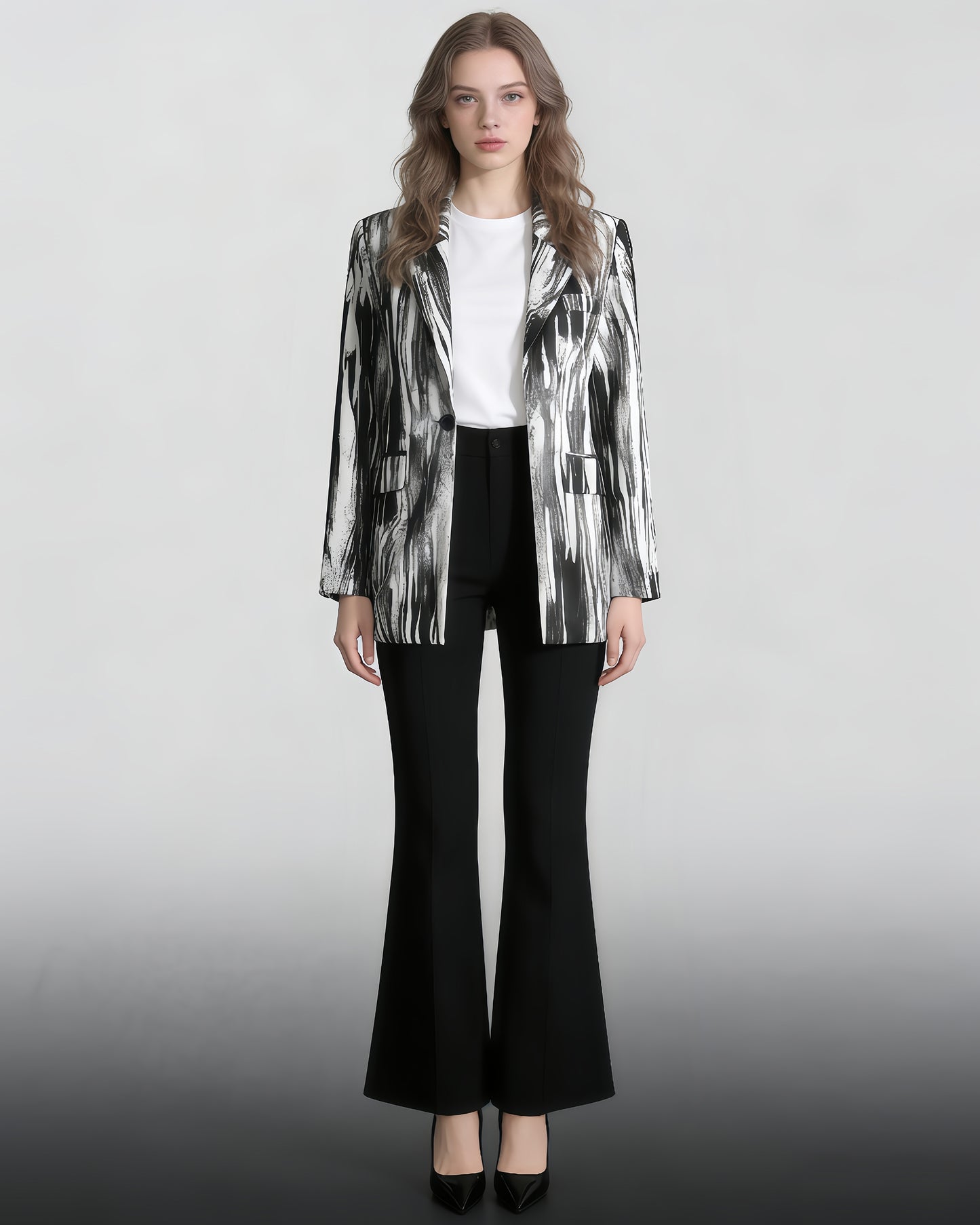 Black & White Abstract Print Single-Button Blazer