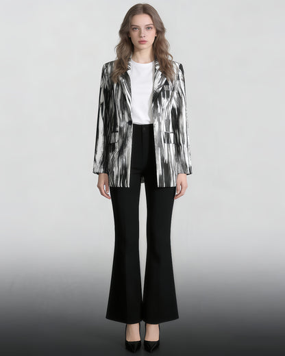 Black & White Abstract Print Single-Button Blazer