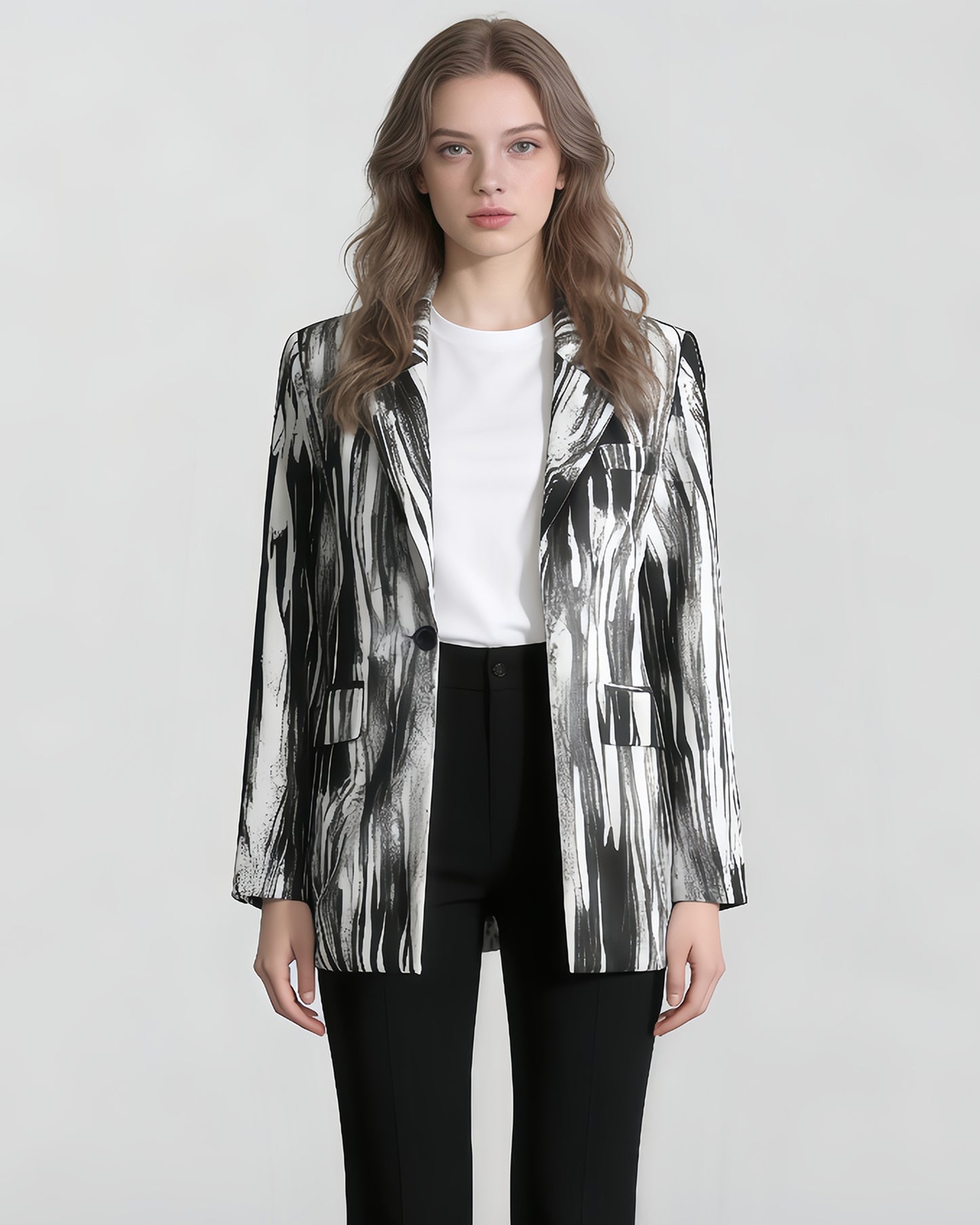 Black & White Abstract Print Single-Button Blazer