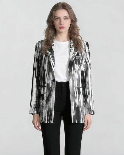 Black & White Abstract Print Single-Button Blazer