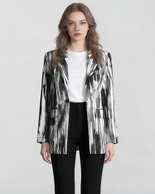 Black & White Abstract Print Single-Button Blazer