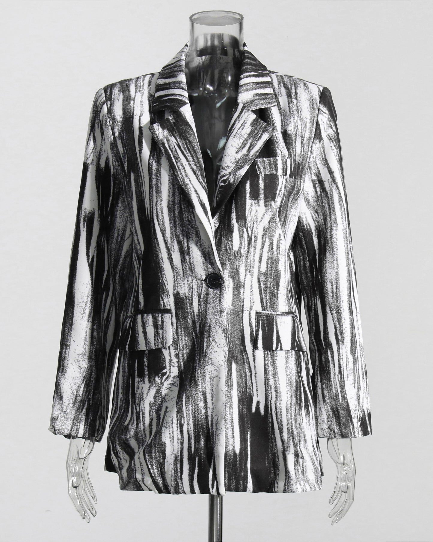 Black & White Abstract Print Single-Button Blazer