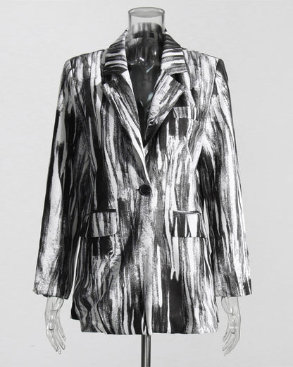 Black & White Abstract Print Single-Button Blazer