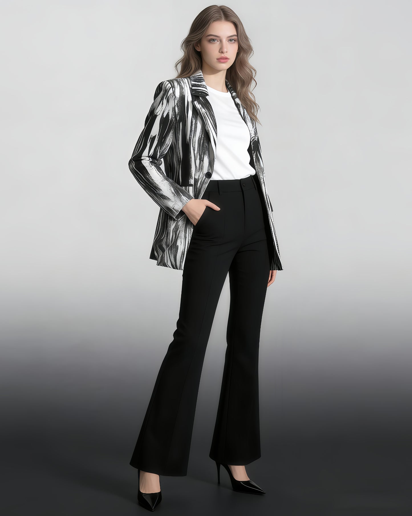 Black & White Abstract Print Single-Button Blazer