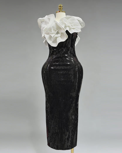 Black & White Contrast 3D Floral Sequin Midi Dress