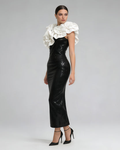 Black & White Contrast 3D Floral Sequin Midi Dress