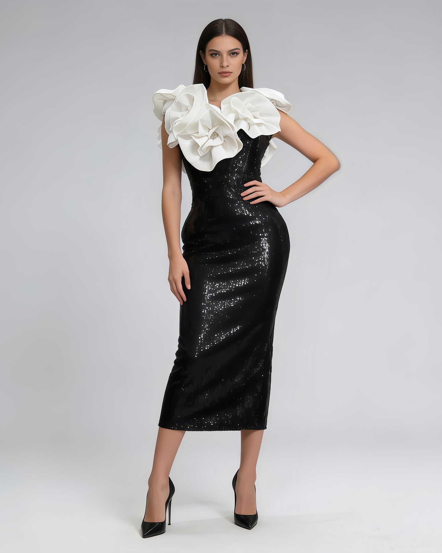 Black & White Contrast 3D Floral Sequin Midi Dress