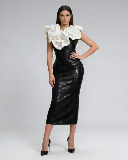 Black & White Contrast 3D Floral Sequin Midi Dress