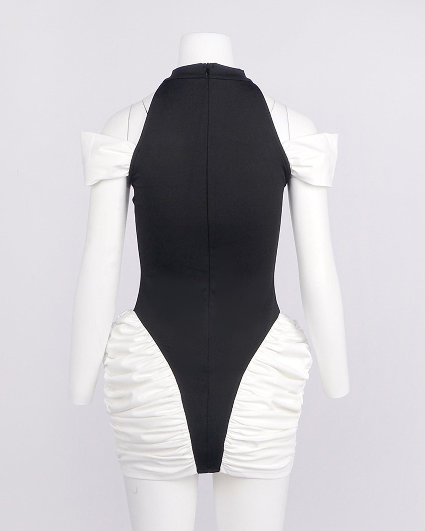 Black & White Halter Off-Shoulder Ruched Mini Dress