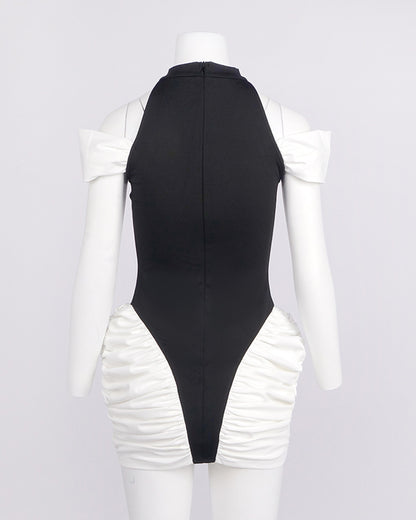 Black & White Halter Off-Shoulder Ruched Mini Dress