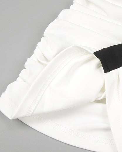 Black & White Halter Off-Shoulder Ruched Mini Dress