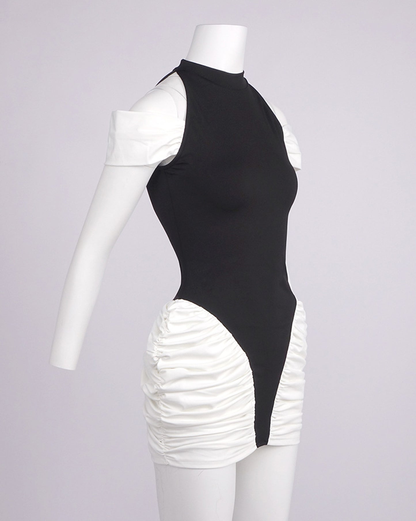 Black & White Halter Off-Shoulder Ruched Mini Dress