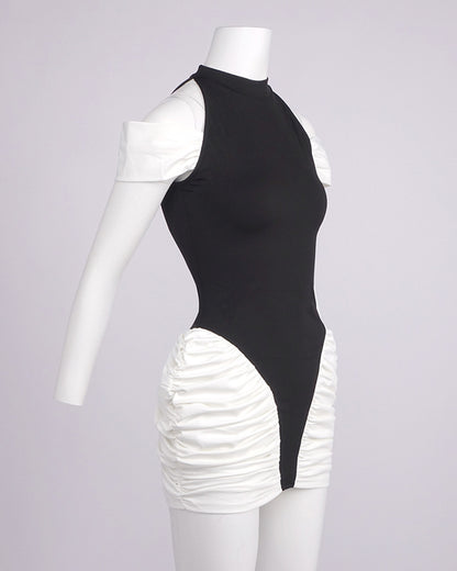 Black & White Halter Off-Shoulder Ruched Mini Dress