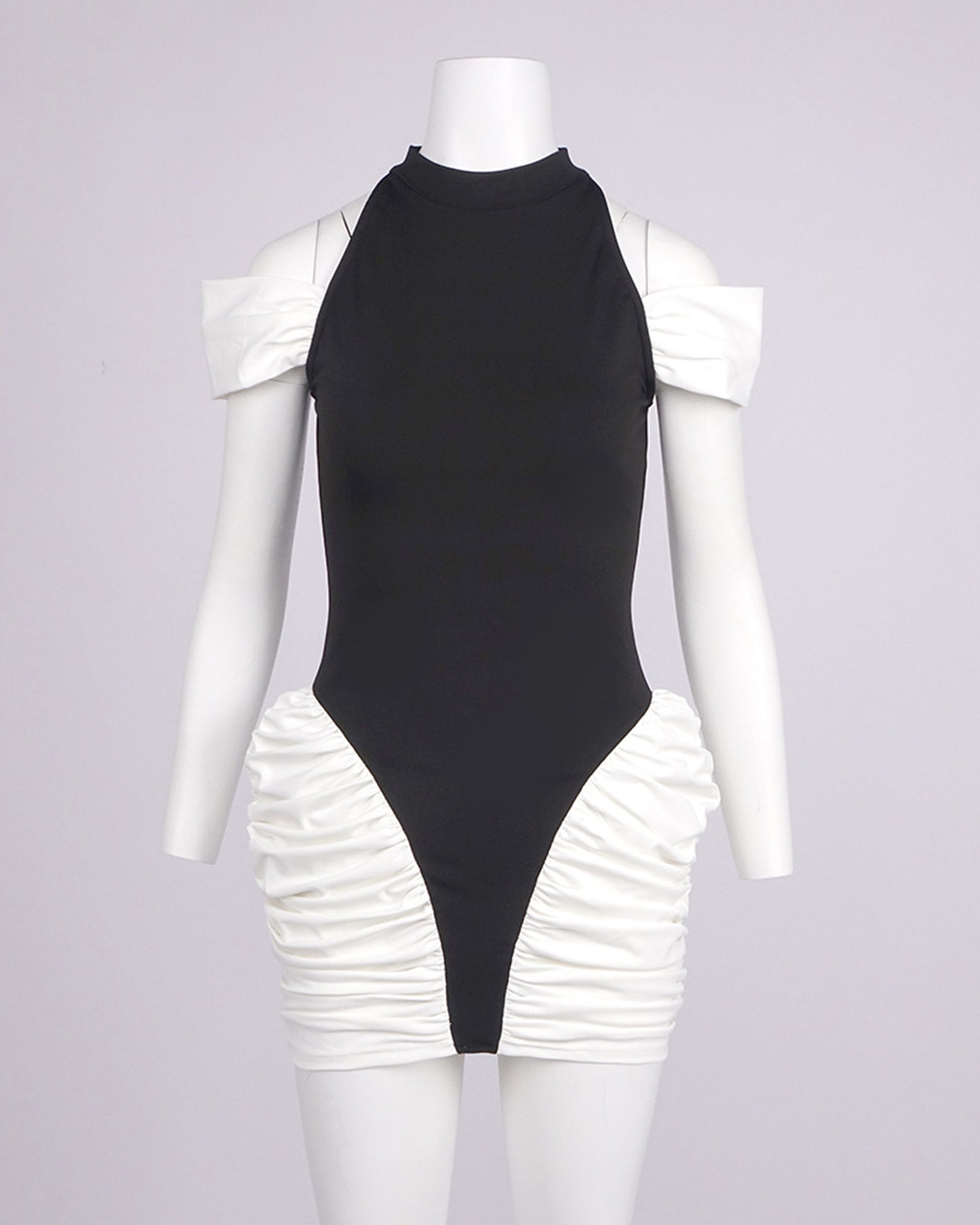 Black & White Halter Off-Shoulder Ruched Mini Dress