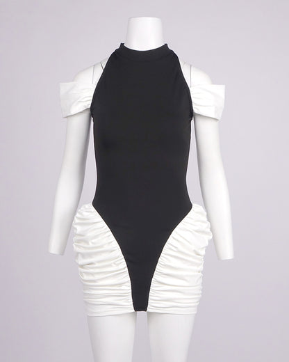 Black & White Halter Off-Shoulder Ruched Mini Dress