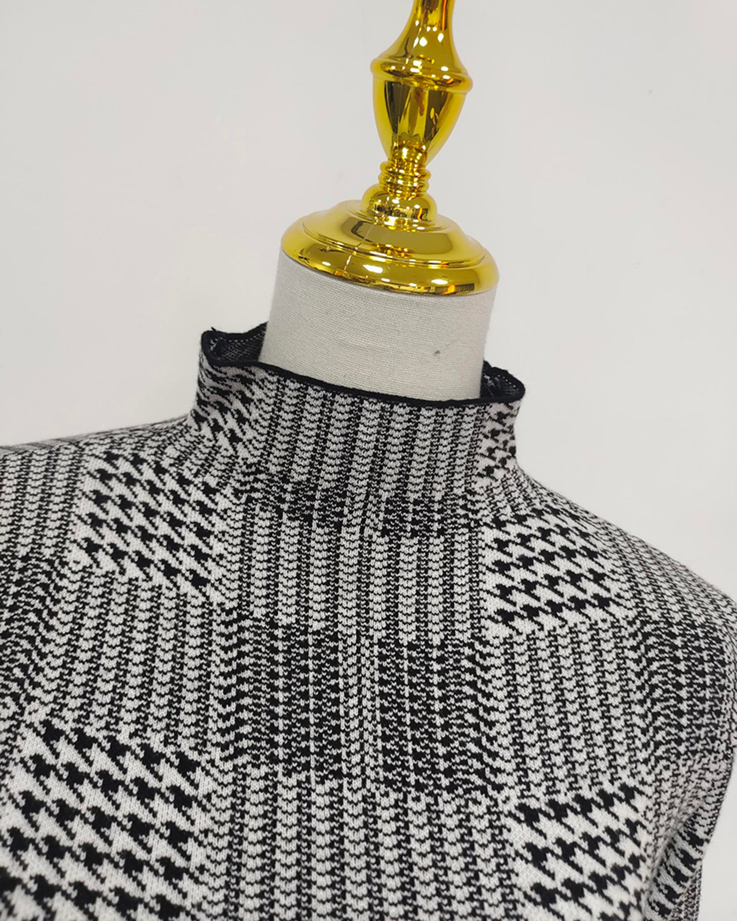 Black & White Houndstooth Turtleneck Maxi Dress