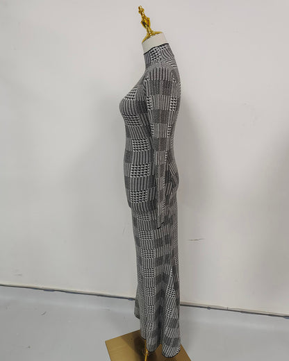 Black & White Houndstooth Turtleneck Maxi Dress