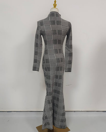 Black & White Houndstooth Turtleneck Maxi Dress
